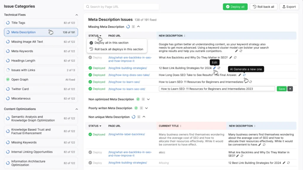 Dashboard displaying a list of meta description issues for various URLs, including statuses and new descriptions, with options for deploying changes to enhance site optimization.
