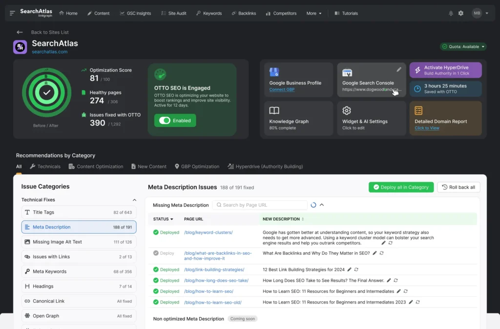 Otto SEO Dashboard showcasing AI-powered SEO automation tools