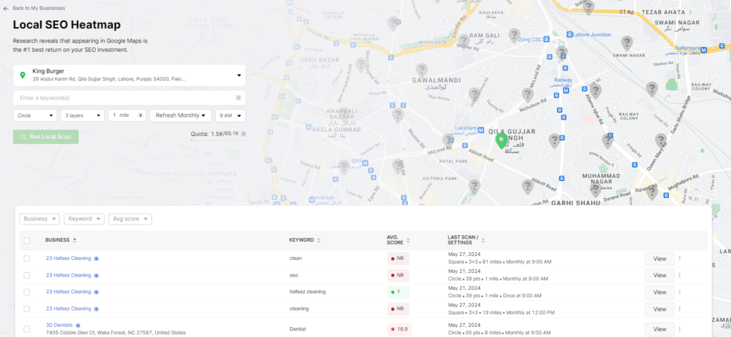 A screenshot of a Local SEO Heatmap tool displaying a map with search result rankings and a list of keywords, rankings, last scan dates, and an onpage audit summary for a business named "King Burger.