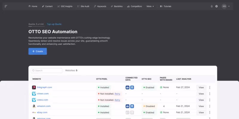 A webpage titled "OTTO SEO Automation" with a dashboard displaying the status of SEO automation on various websites such as Linkedin.com, Vimeo.com, and others, showcasing their connected data and last analysis dates using Search Atlas SEO Software.
