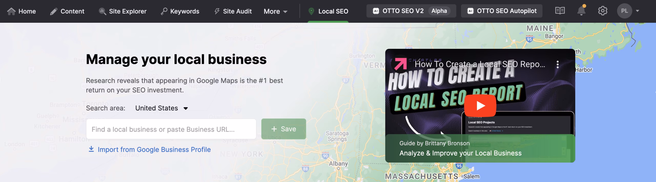 A screenshot of the Local SEO section on a website. The page displays a search bar to find a local business, a "Save" button, an onpage audit prompt to import from Google Business Profile, and a video tutorial.