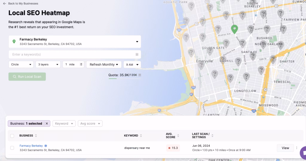 Screenshot of a local SEO heatmap for a business named Farmacy Berkeley, located at 3243 Sacramento St, Berkeley. The map features multiple grey and green location pins indicating SEO performance. An onpage audit could further enhance these results.