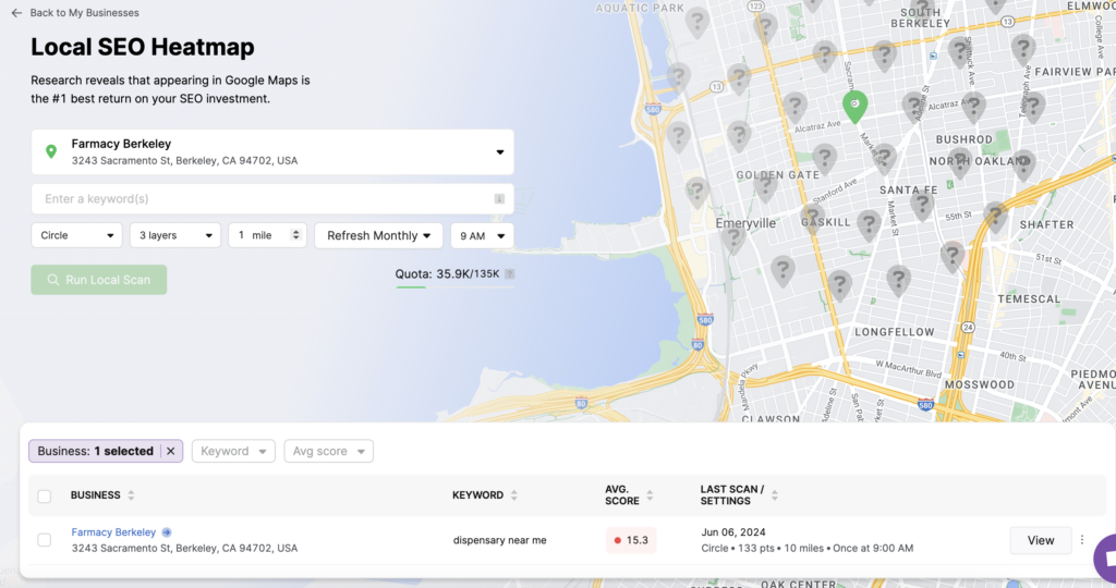 Screenshot of a local SEO heatmap for a business named Farmacy Berkeley, located at 3243 Sacramento St, Berkeley. The map features multiple grey and green location pins indicating SEO performance. An onpage audit could further enhance these results.