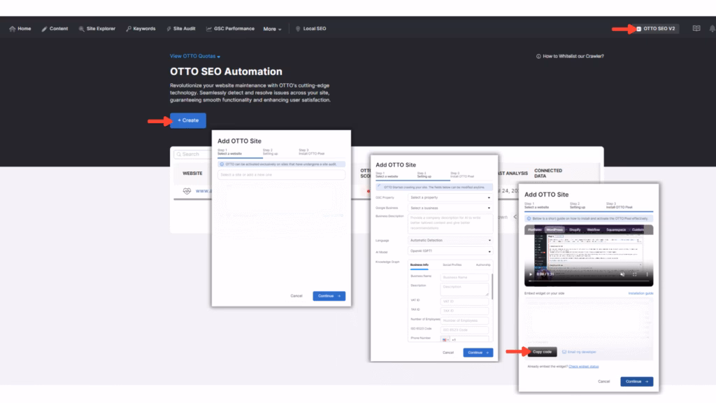 Screenshot of OTTO SEO Automation platform, showcasing steps to add a new OTTO Site. Three pop-up windows, resembling Pixel's sleek interface, show the process: site information, site settings, and site verification.