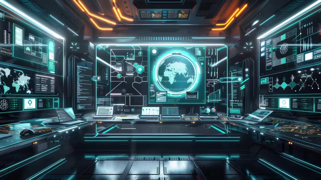 Futuristic digital command center with glowing blue holographic screens and global data visualization
