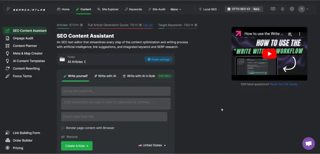 A screenshot of the SEO Content Assistant tool interface on Search Atlas. The tool features fields for article entry, keyword input, and URL insertion, with options like filter settings and location targeting, providing a step by step guide to optimize your content effectively.