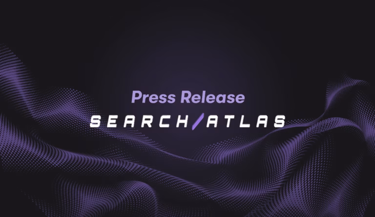 The text reads "Press Release: Search Atlas Acquires" on a dark, wavy background with purple accents.