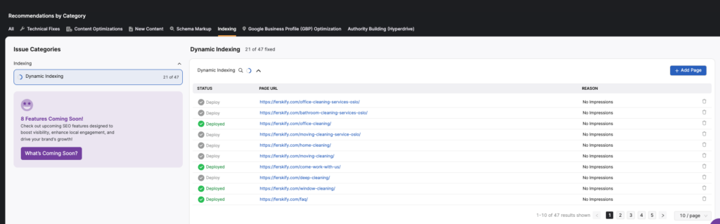 A dashboard displaying dynamic indexing recommendations with a list of URLs, their statuses, page URLs, and reasons for deployment, powered by OTTO. A sidebar on the left lists other issue categories. For more detailed guidance, consult the Knowledge Base.