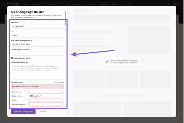 Screenshot of Otto SEO's AI Landing Page Builder tool with fields for business info: name, city, services, and address, and a checkbox for image generation. An arrow points to the field for generating a landing page.