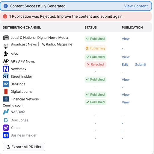 A screenshot showing the status of publication submissions with Otto SEO integration. One entry is rejected, some are published, some are publishing, and others are pending. View, edit, and submit options are available.