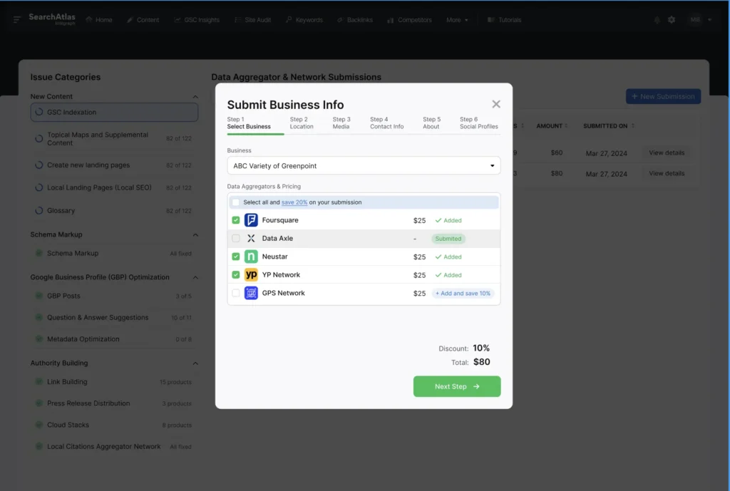 A website interface displays a business information submission form, complete with a list of networks and associated costs. Utilizing the Local Citation Builder, the total cost is $92 with a 10% discount, resulting in $82. A green "Next Step" button is prominently visible.