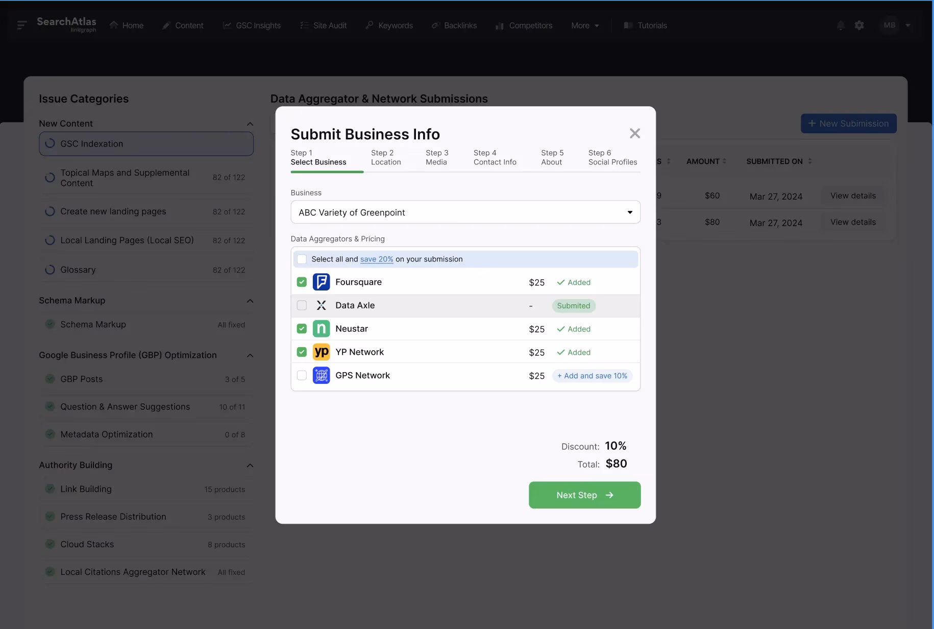A website interface displays a business information submission form, complete with a list of networks and associated costs. Utilizing the Local Citation Builder, the total cost is $92 with a 10% discount, resulting in $82. A green "Next Step" button is prominently visible.