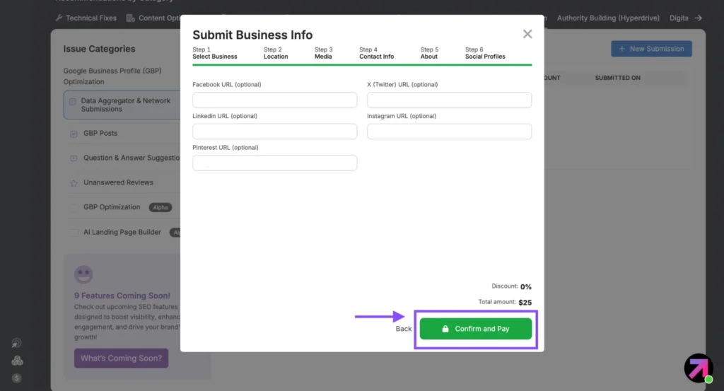 A webpage form titled "Submit Business Info" with fields for social profiles such as Facebook, LinkedIn, Twitter, Instagram, Pinterest URLs. Simplify your Local Citation Builder process here: at the bottom, an arrow points to a "Confirm and Pay" button.