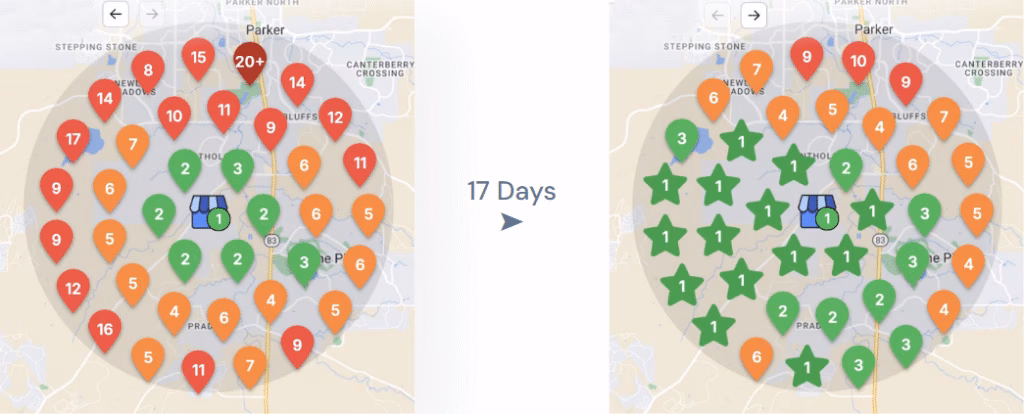Comparison of a map showing improvement over 17 days, with colored markers indicating progress; left map has mostly red and orange markers, right map shows mostly green stars, thanks to the diligent work of Electrical Contractors.