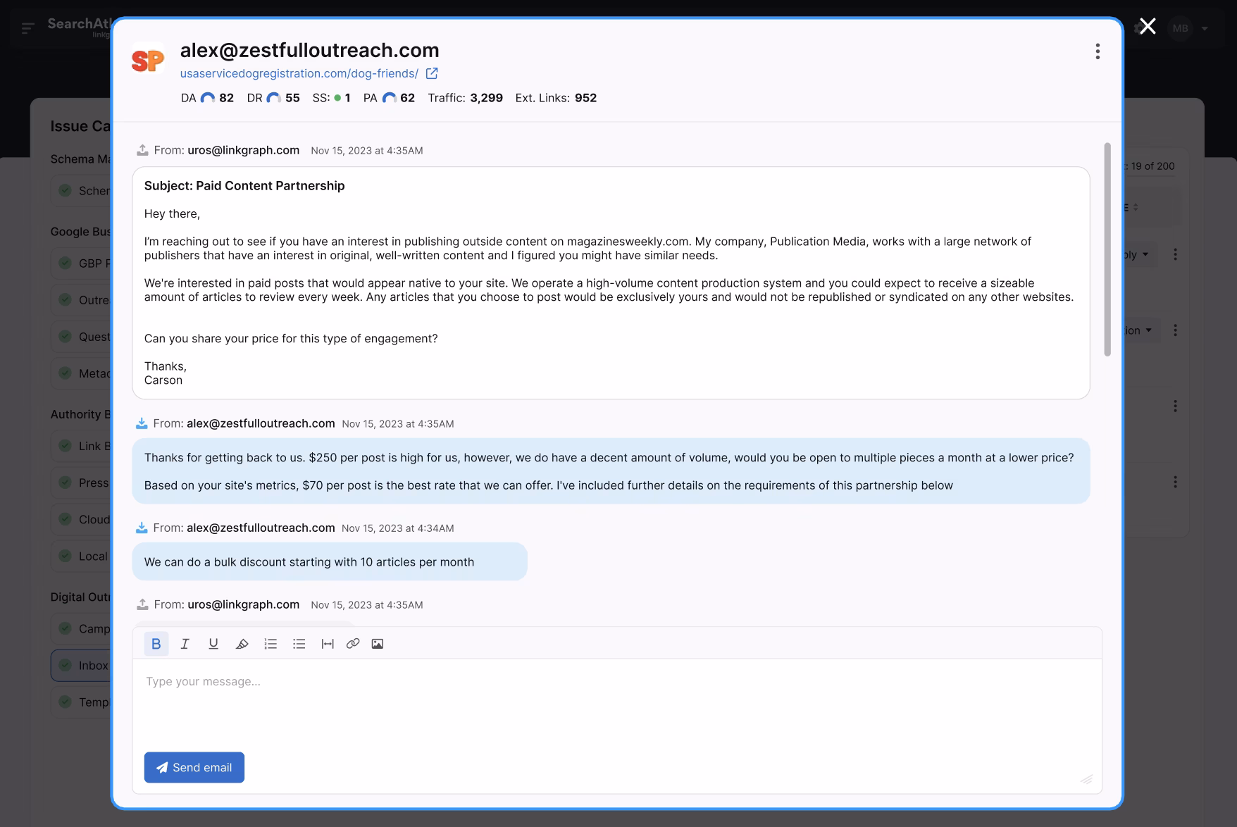 Screenshot of an email conversation discussing a paid content partnership. The client negotiates the cost per blog post, mentions bulk discounts, and outlines their publishing frequencies and requirements related to Link Building.
