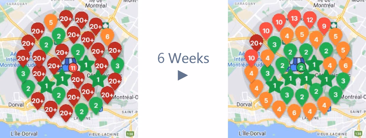 Two maps comparing data over 6 weeks. Left map shows mostly high numbers (red), right map shows decreased numbers (green, orange). Text "6 Weeks" and an arrow in between the maps, illustrating the impact of our cleaning service.