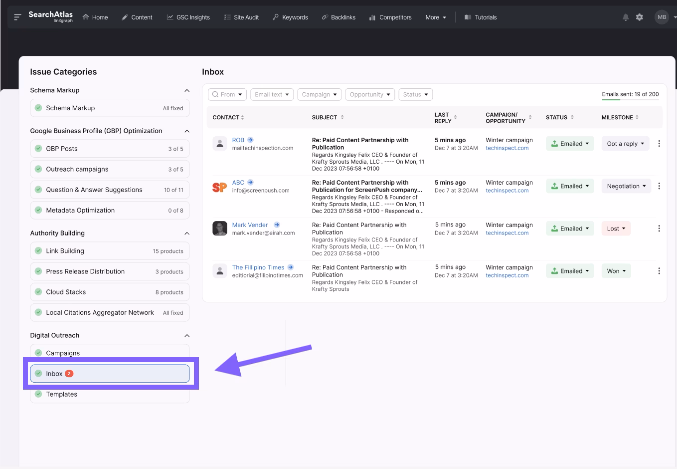 A screenshot of a Search Atlas dashboard showing issue categories on the left, with "Inbox" highlighted by an arrow. The Inbox displays various link building and digital outreach campaigns and their statuses.