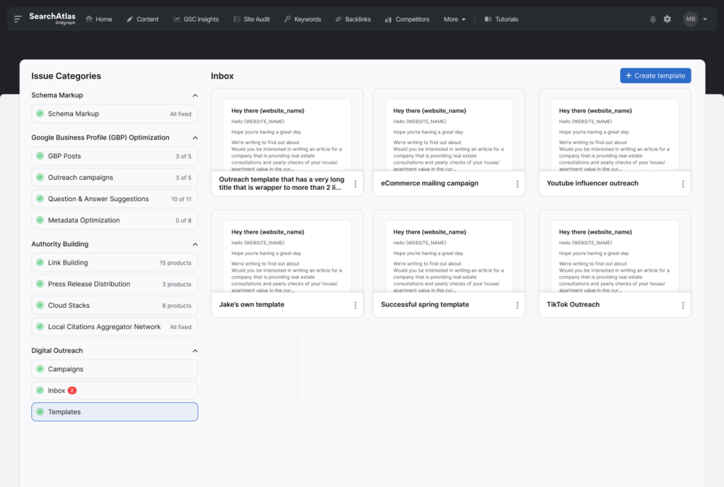 A dashboard interface showcasing various issue categories on the left column and a selection of outreach email templates in the inbox section on the right. The interface includes navigation options at the top, perfect for managing your digital PR efforts.
