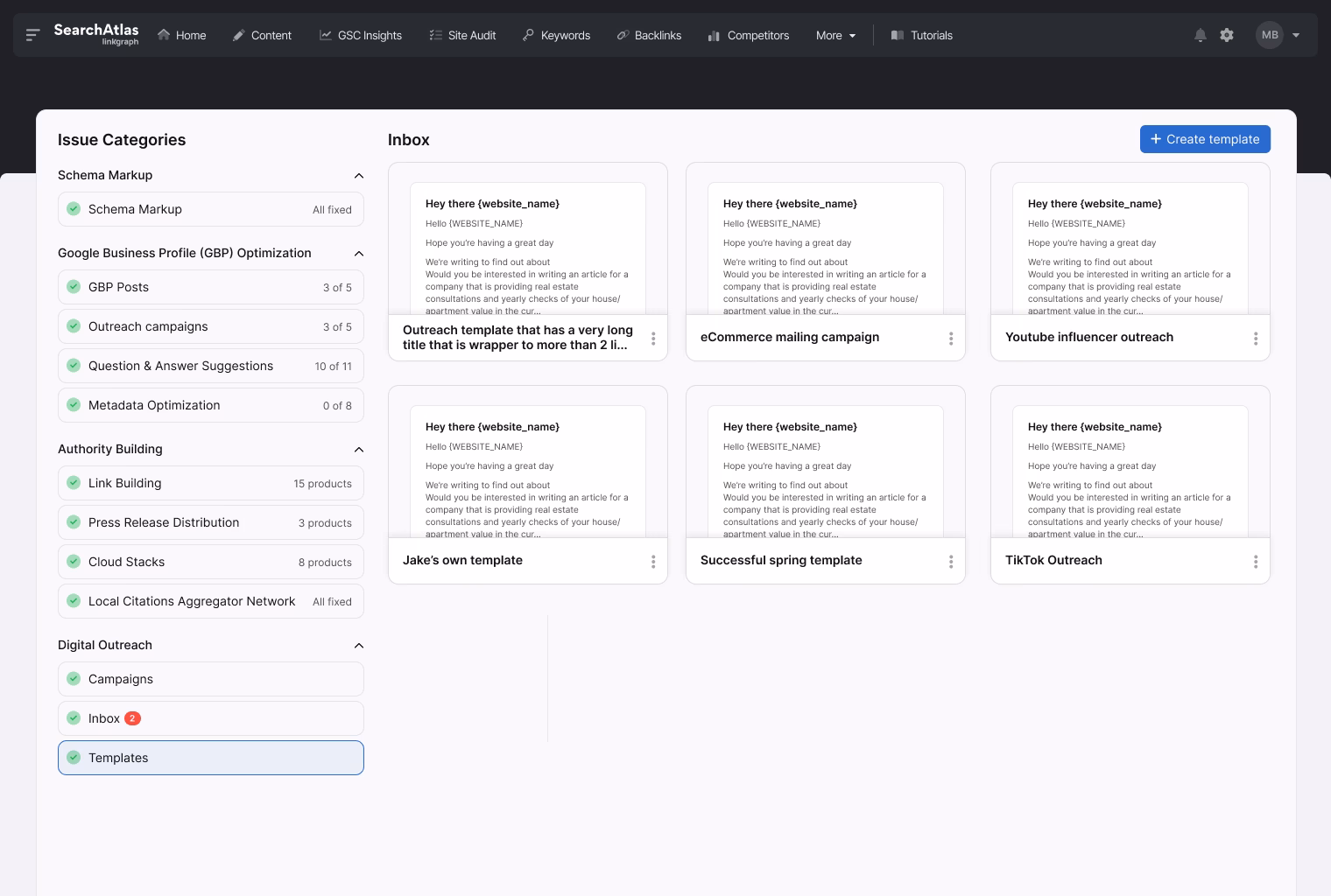A dashboard interface showcasing various issue categories on the left column and a selection of outreach email templates in the inbox section on the right. The interface includes navigation options at the top, perfect for managing your digital PR efforts.