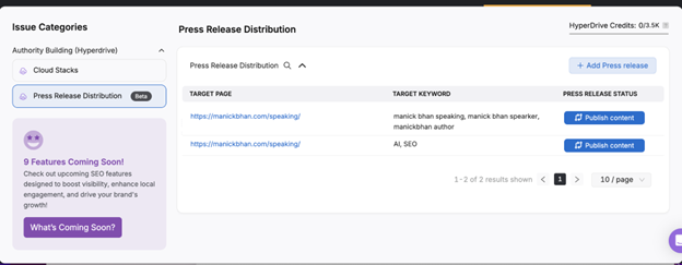 Screenshot of Otto SEO's press release distribution tool showing two press releases with target keywords and a button to publish content. A sidebar advertises upcoming SEO features.