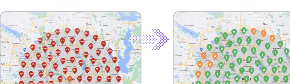 Side-by-side maps: the left shows many red location pins representing high data points; the right, dated August, reveals fewer green and yellow pins indicating more organized data points after consolidation.