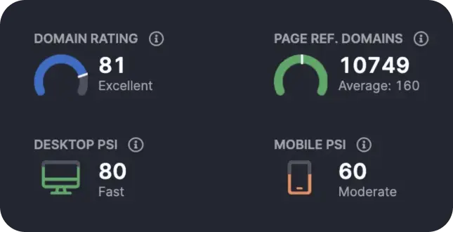 An analytics dashboard for August shows a Domain Rating of 81 (Excellent), Page Referring Domains of 10,749 (Average: 160), Desktop PSI of 80 (Fast), and Mobile PSI of 60 (Moderate). This Lander reflects well on your PPC strategies.
