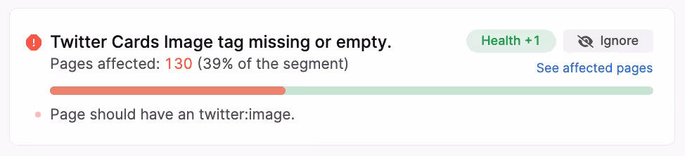 missing twitter card message in the Search Atlas site auditor