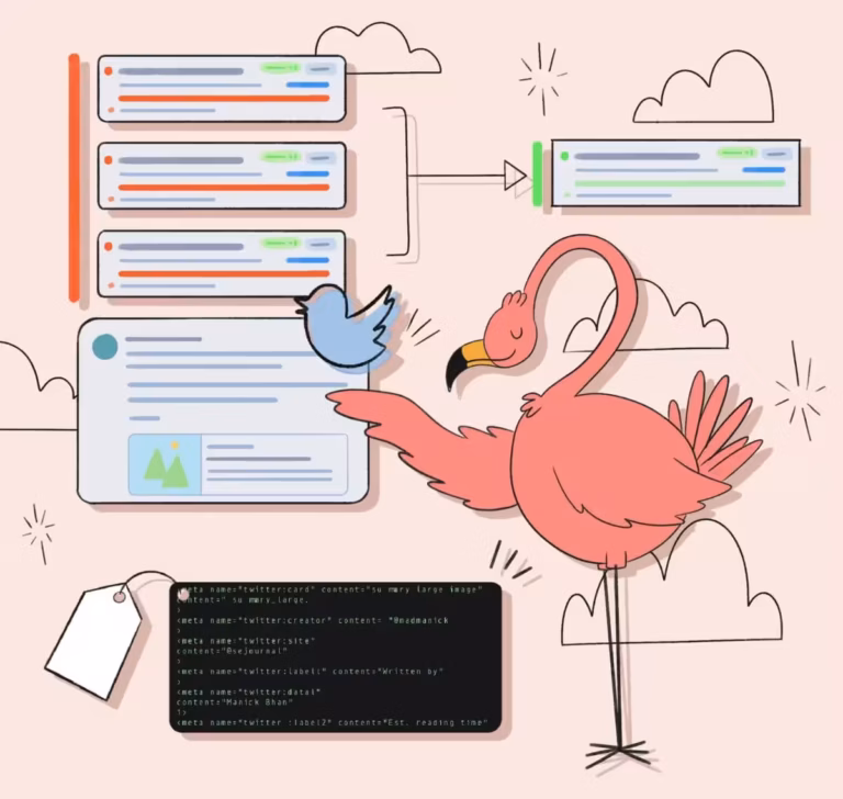 Illustration of a flamingo and Twitter bird optimizing social media meta tags and preview cards for better SEO sharing