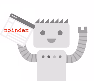 A robot holding up a piece of paper with the word noindex.