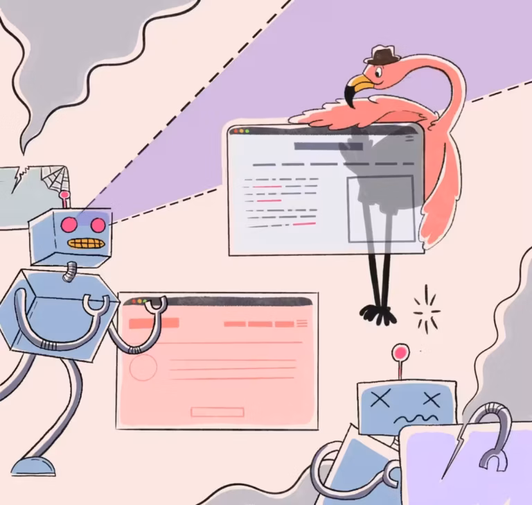 Cartoon illustration of a flamingo in a hat confidently standing beside a website window while malfunctioning robots struggle with broken web pages and errors.