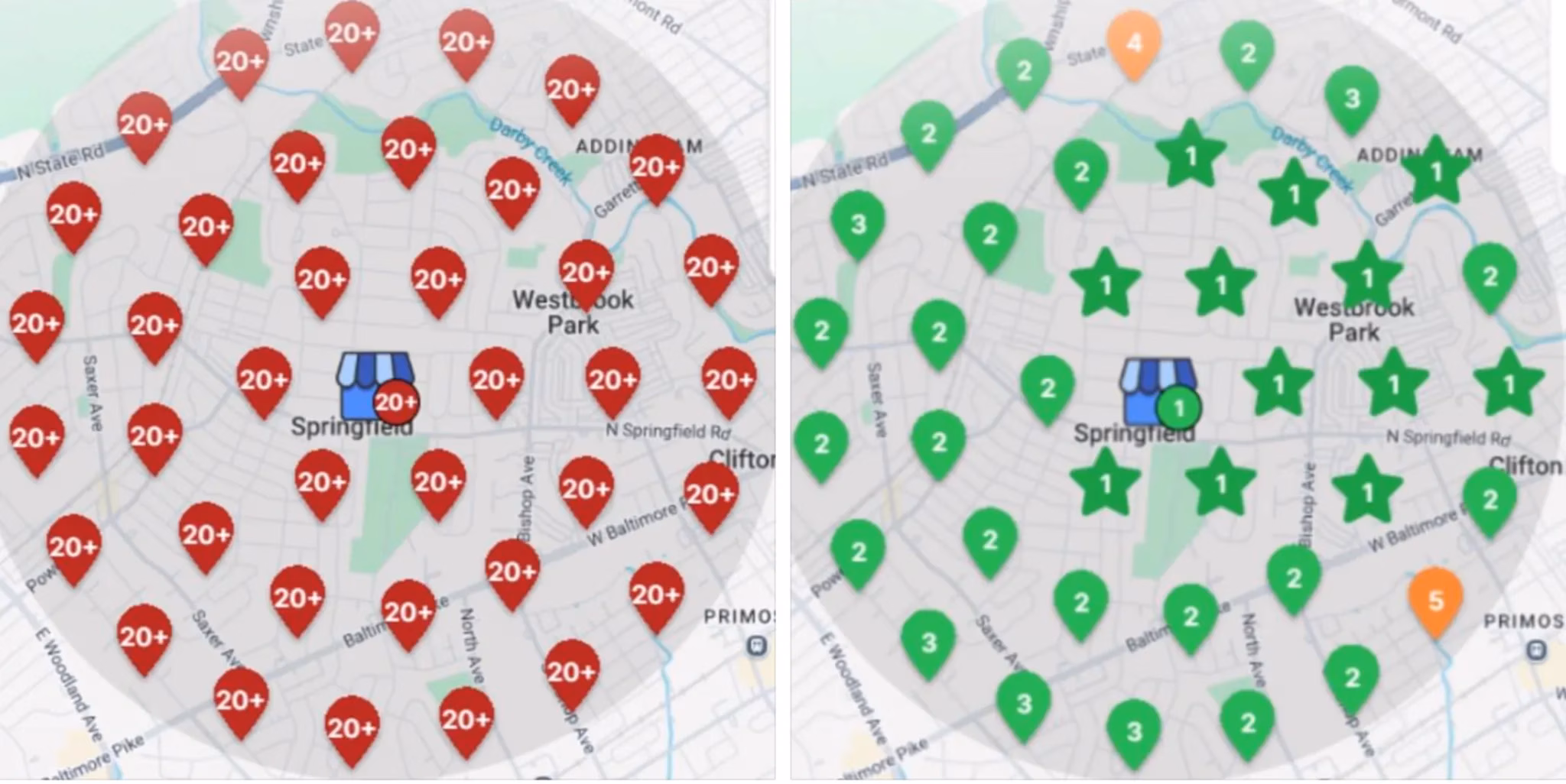 Two maps of Springfield analyze traffic: the left map, reminiscent of Dan Kelly's detailed reports, displays red markers labeled "20+" pinpointing high congestion; the right map offers relief with green markers indicating low congestion levels.