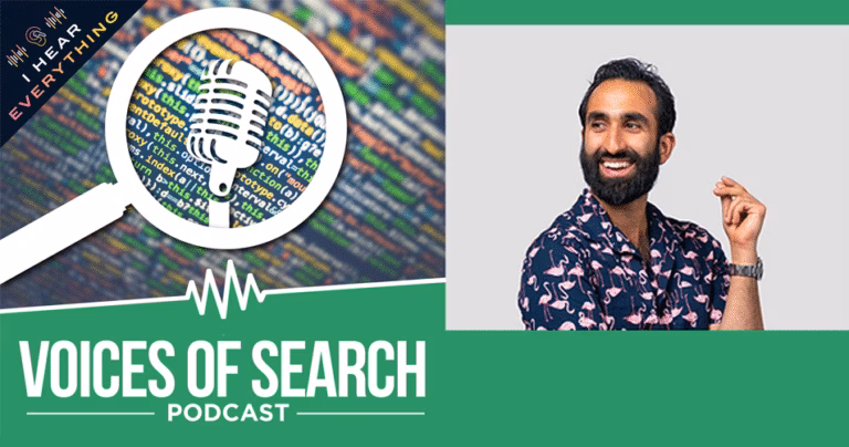 Voices of Search" podcast banner with a microphone icon over code, featuring a person smiling and gesturing about successful SEO strategies.