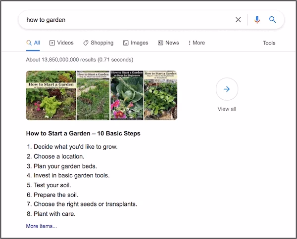 Search results page for "how to garden," showing a list of basic steps for starting a garden and related images.