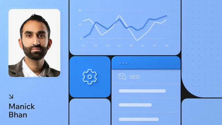 A man with a beard is pictured beside graphs and icons related to SEO tasks and analytics on a blue background, illustrating how automating processes can save time.