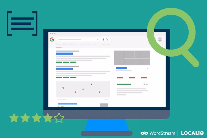 Illustration of a computer screen displaying a Google search results page, with a magnifying glass icon and rating stars below. WordStream and LocaliQ logos are at the bottom right.
