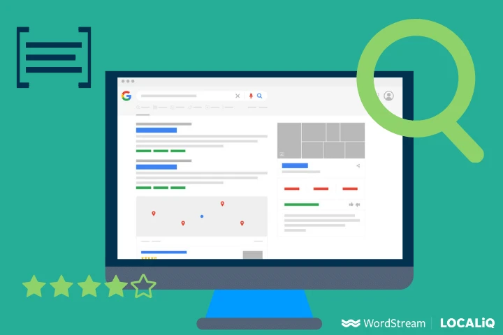 Illustration of a computer screen displaying a Google search results page, with a magnifying glass icon and rating stars below. WordStream and LocaliQ logos are at the bottom right.