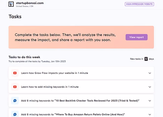 Screenshot of a webpage titled "Tasks" showcasing SEO tasks to complete efficiently. At the top, a "View report" button helps save time. Tasks include learning about website impact and adding missing keywords.