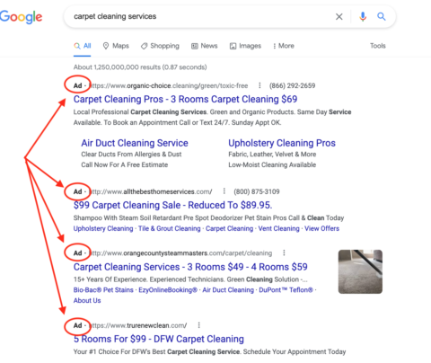 Google search results for "carpet cleaning services" feature four ads showcasing various deals and services, perfect for small business marketing strategies. Handy for anyone getting started in identifying effective promotional tactics.