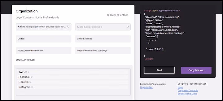 Screenshot of a webpage for configuring organization schema details, shown with fields for airline and social profiles. An example JSON script is displayed on the right side.