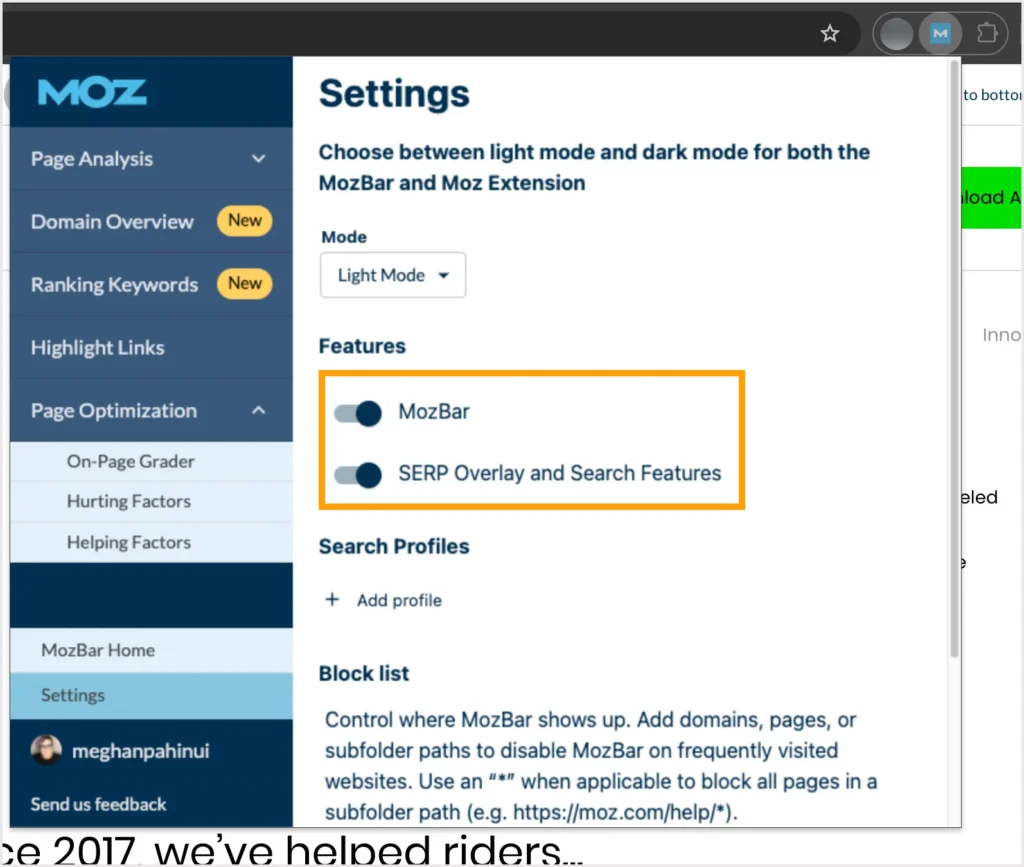 MozBar features chrome extension