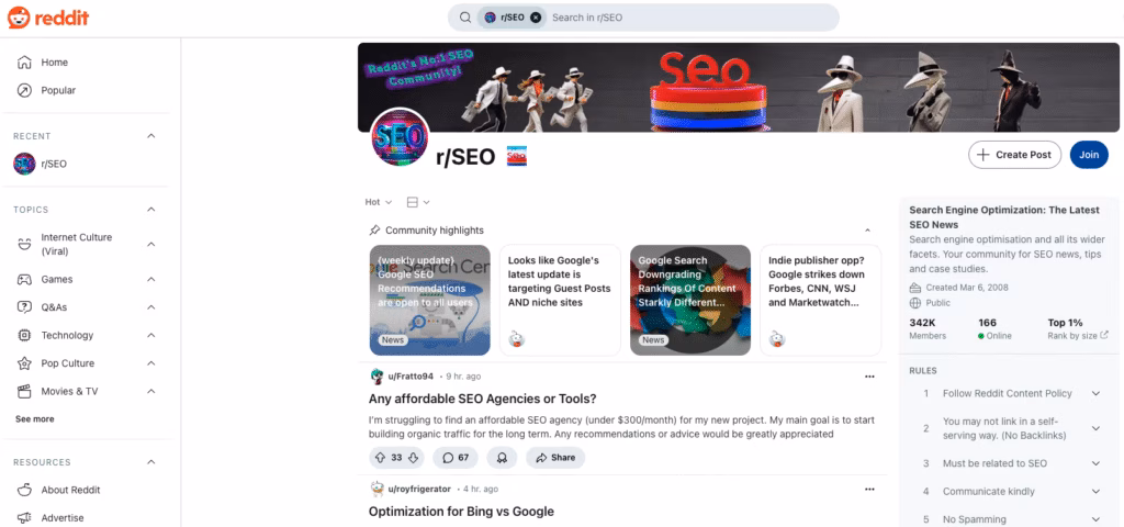 Reddit SEO Community Example
