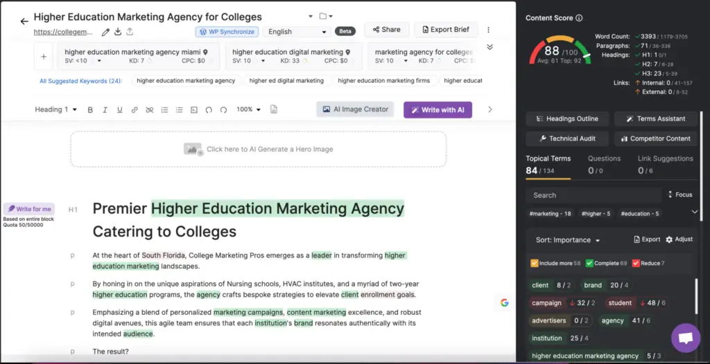 A screenshot of a webpage titled "Higher Education Marketing Agency for Colleges" showcases highlighted text alongside an SEO content analysis sidebar, featuring scores, keyword suggestions, and insights on affordable SEO tools.