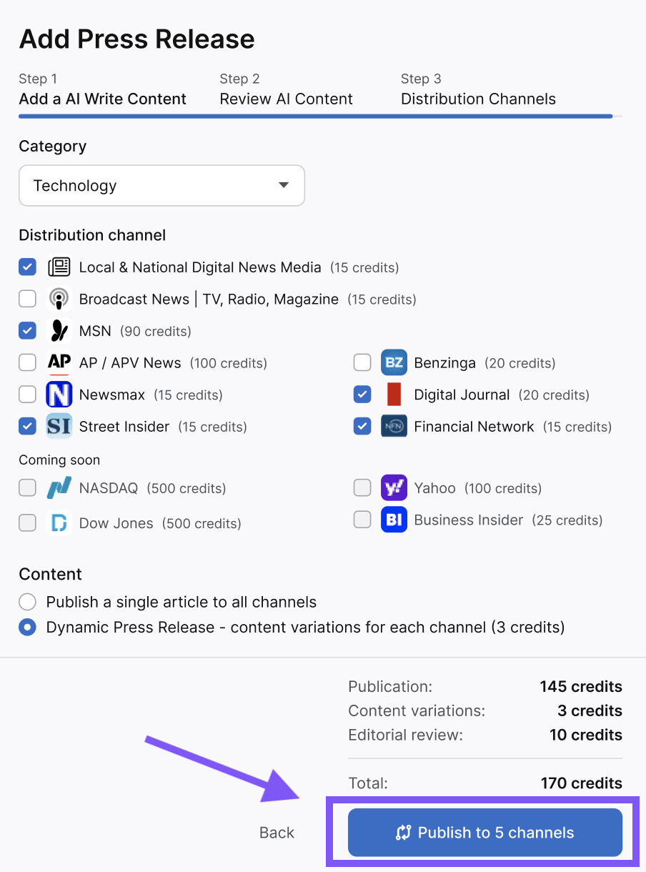 Screen displaying press release distribution options with checkboxes for various channels, optimized by Otto SEO. A purple arrow points to a highlighted "Publish to 5 channels" button at the bottom.