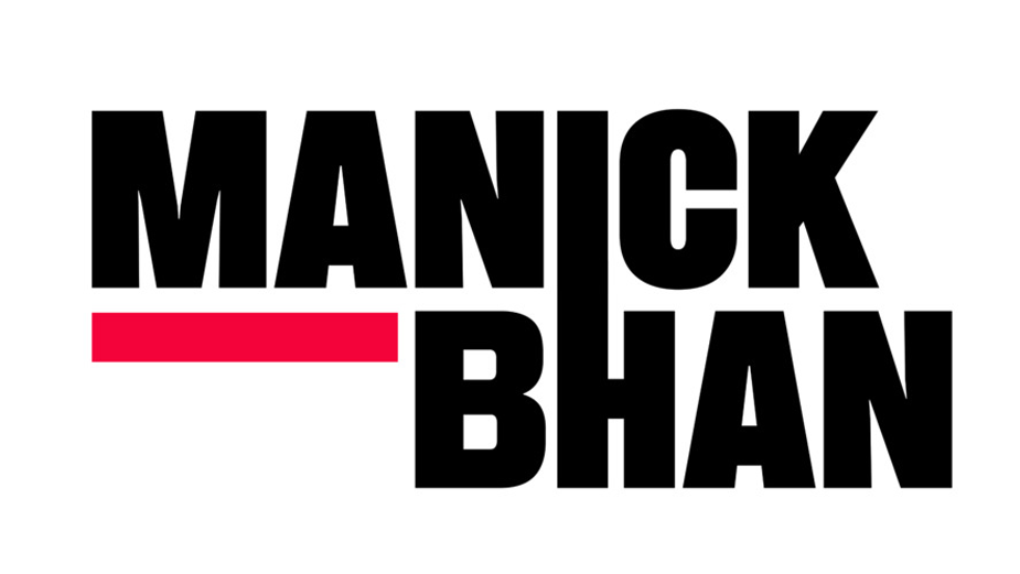 Text logo featuring "MANICK BHAN" in bold black letters, with a striking red underline beneath "MANICK." A distinctive red vertical line separates the words, adding emphasis.