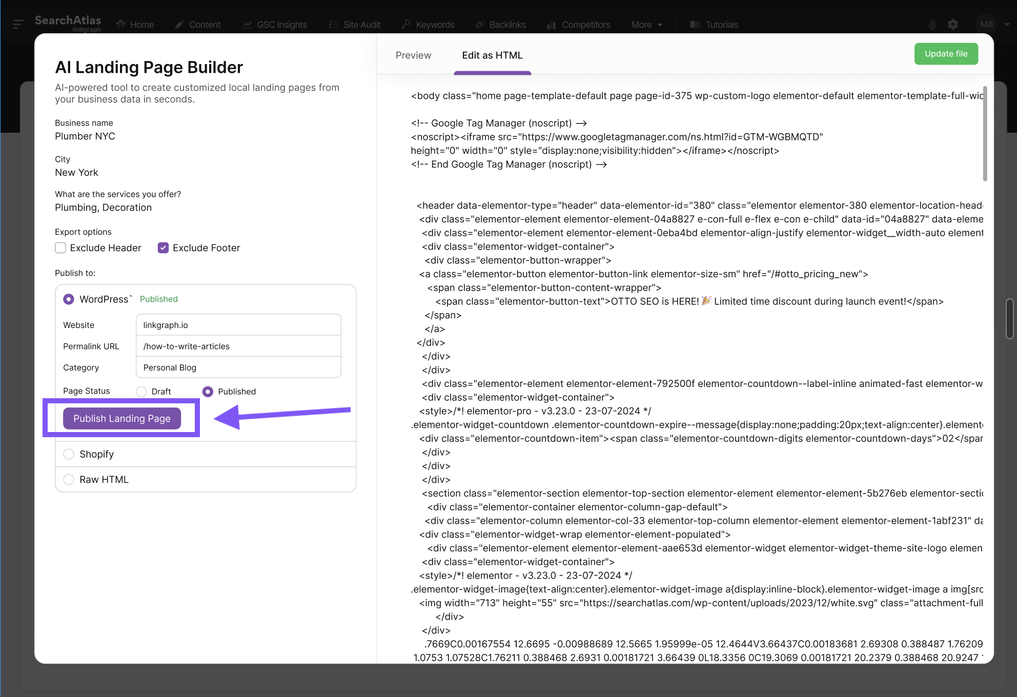 The screenshot displays a webpage editor with HTML code for a landing page. Notably, a "Publish Landing Page" button is highlighted in purple on the left panel, ready to boost visibility through Otto SEO's seamless integration.
