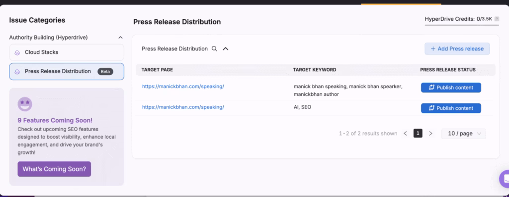 Screenshot of Otto SEO's press release distribution tool showing two press releases with target keywords and a button to publish content. A sidebar advertises upcoming SEO features.