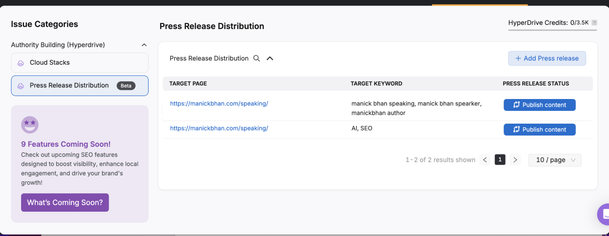 Screenshot of Otto SEO's press release distribution tool showing two press releases with target keywords and a button to publish content. A sidebar advertises upcoming SEO features.