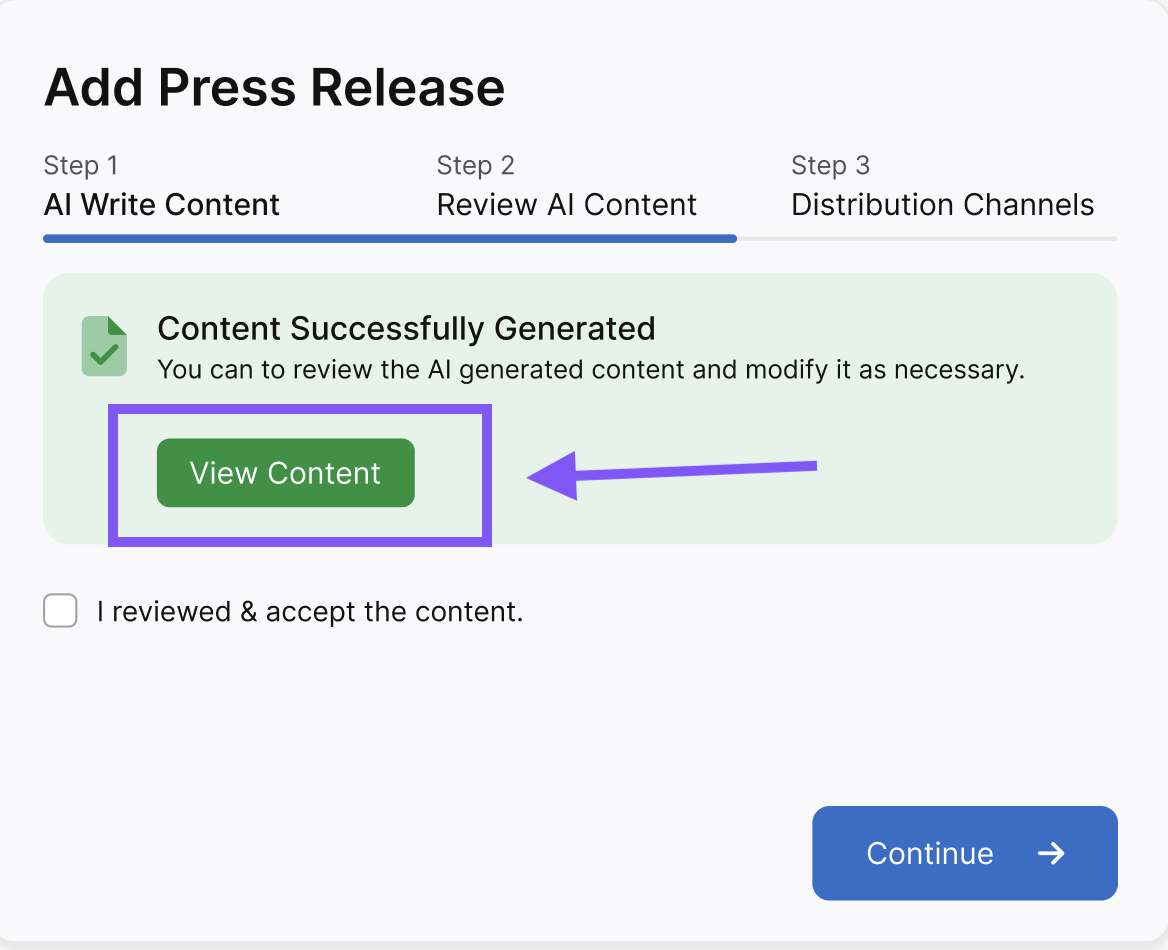 Screenshot of an interface for adding a press release, optimized with Otto SEO. A success message indicates content is generated, with a "View Content" button highlighted in purple. A checkbox and "Continue" button are below.