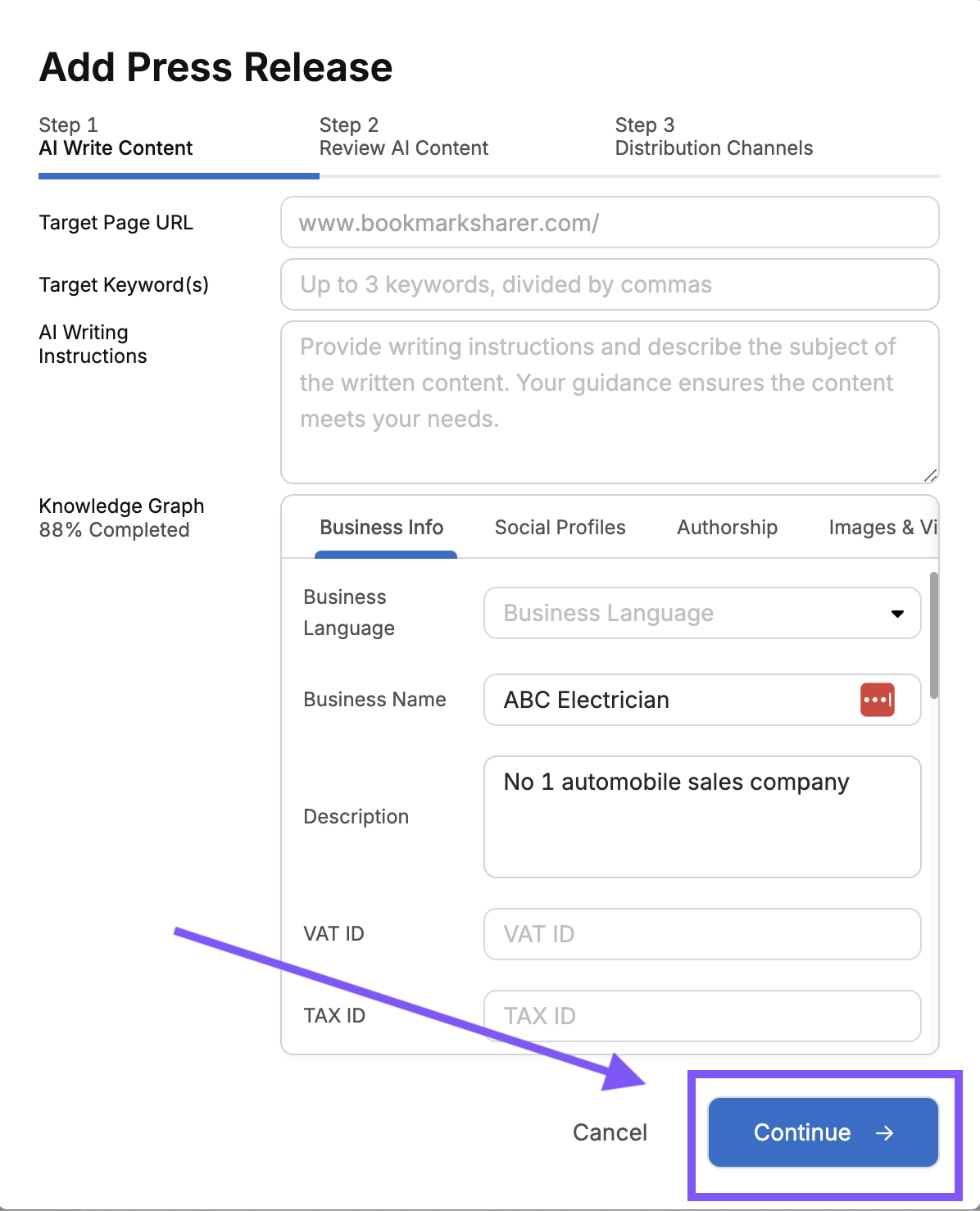 The "Add Press Release" form for "ABC Electrician" is filled out, with the "Continue" button highlighted by a purple arrow, optimized for Otto SEO.