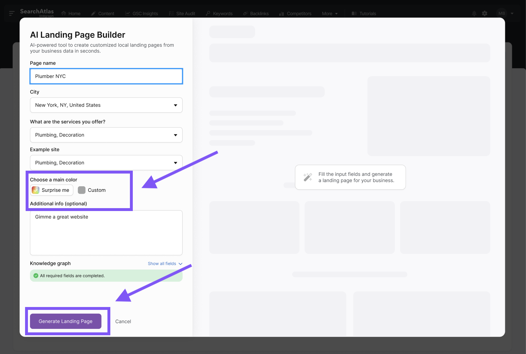 Screenshot of an AI Landing Page Builder form designed by Otto SEO. Fields include page name, city, services, example site, main color, additional info, and a knowledge graph. Buttons for 'Generate Landing Page' and 'Cancel'.